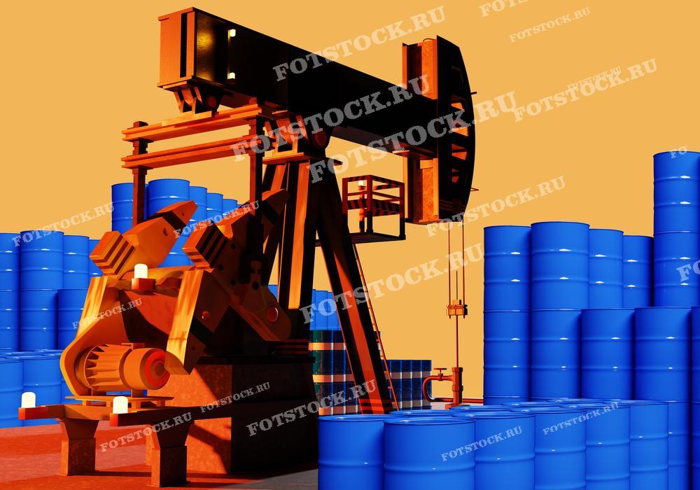 Фотография изображает нефтяную качалку на фоне синих бочек для хранения нефти. Этот снимок подчеркивает процессы добычи и хранения нефти, важные для нефтяной промышленности.